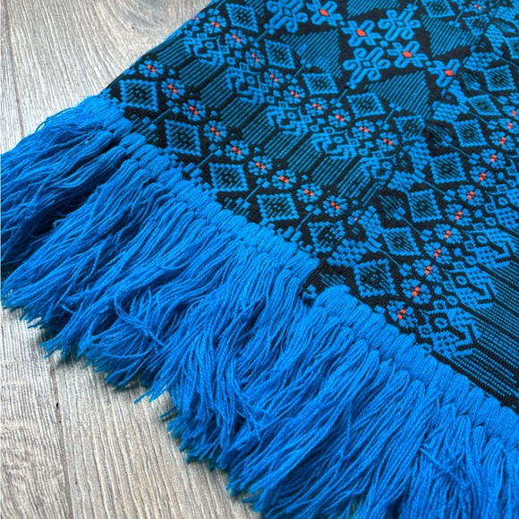 Vintage Guatemalan PONCHO Blue Black Orange Brocade Cotton Blend Hand Loomed - Picture 12 of 14